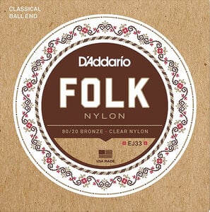 D'Addario / Folk Nylon EJ33 80/20 Bronze on Nylon Clear Trebles Ball End 28-45