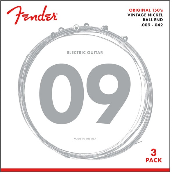 Fender USA / Original 150 Guitar Strings Pure Nickel Wound, Ball End 150L .009-.042 Gauges 3-Pack
