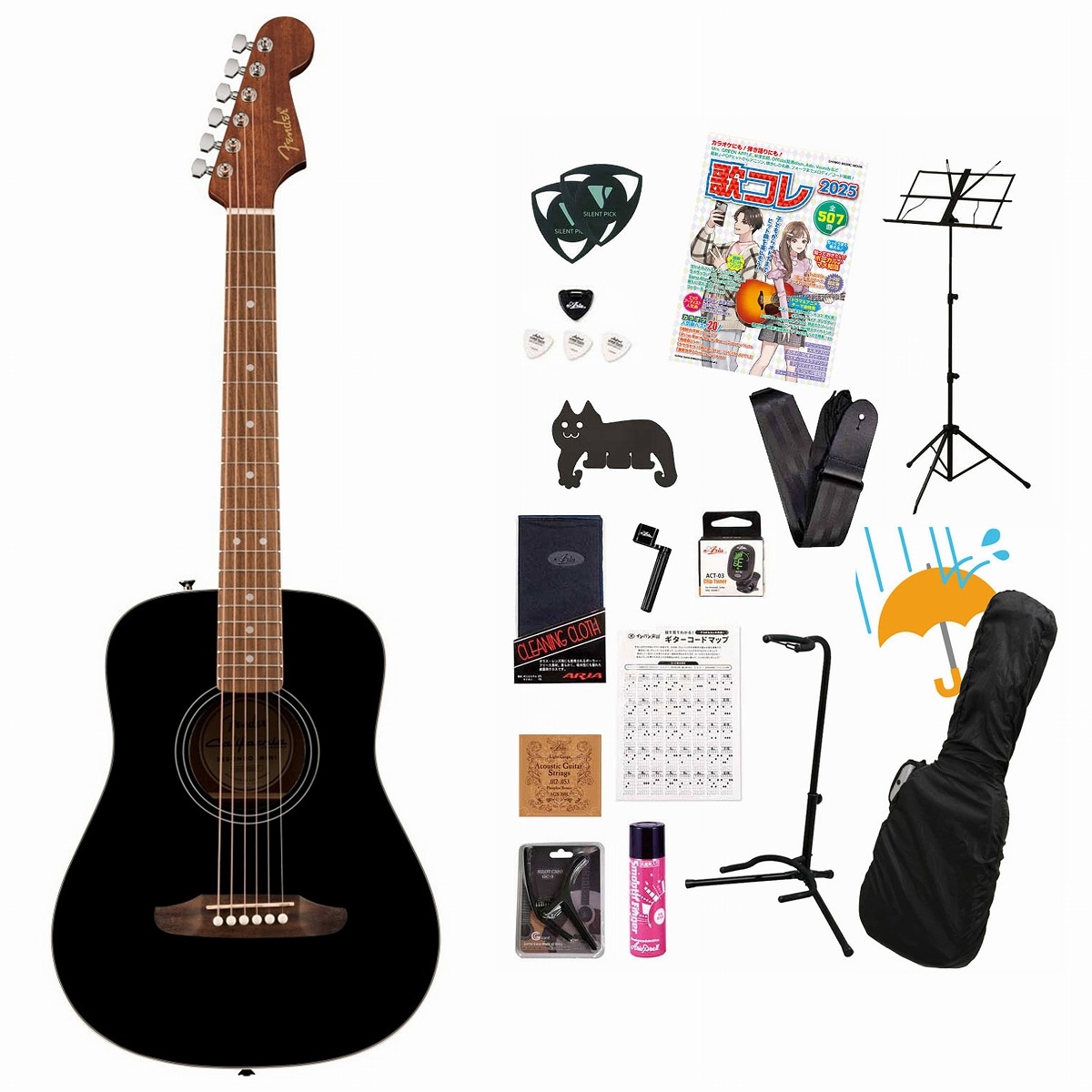 Fender / California Standard Redondo Mini with Bag Spruce Top Black フェンダーアコギ弾き語りてんこ盛り17点初心者セットR