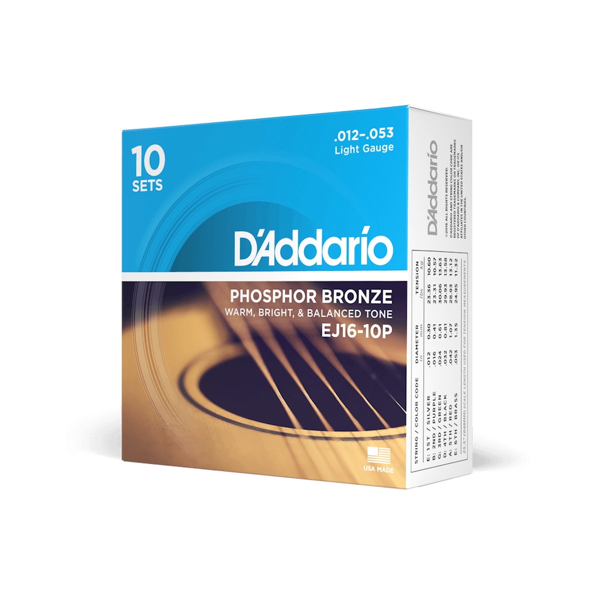 D’Addario / EJ16-10P Phosphor Bronze Light 12-53 アコースティックギター弦 10セットパック【正規代理店製品】
