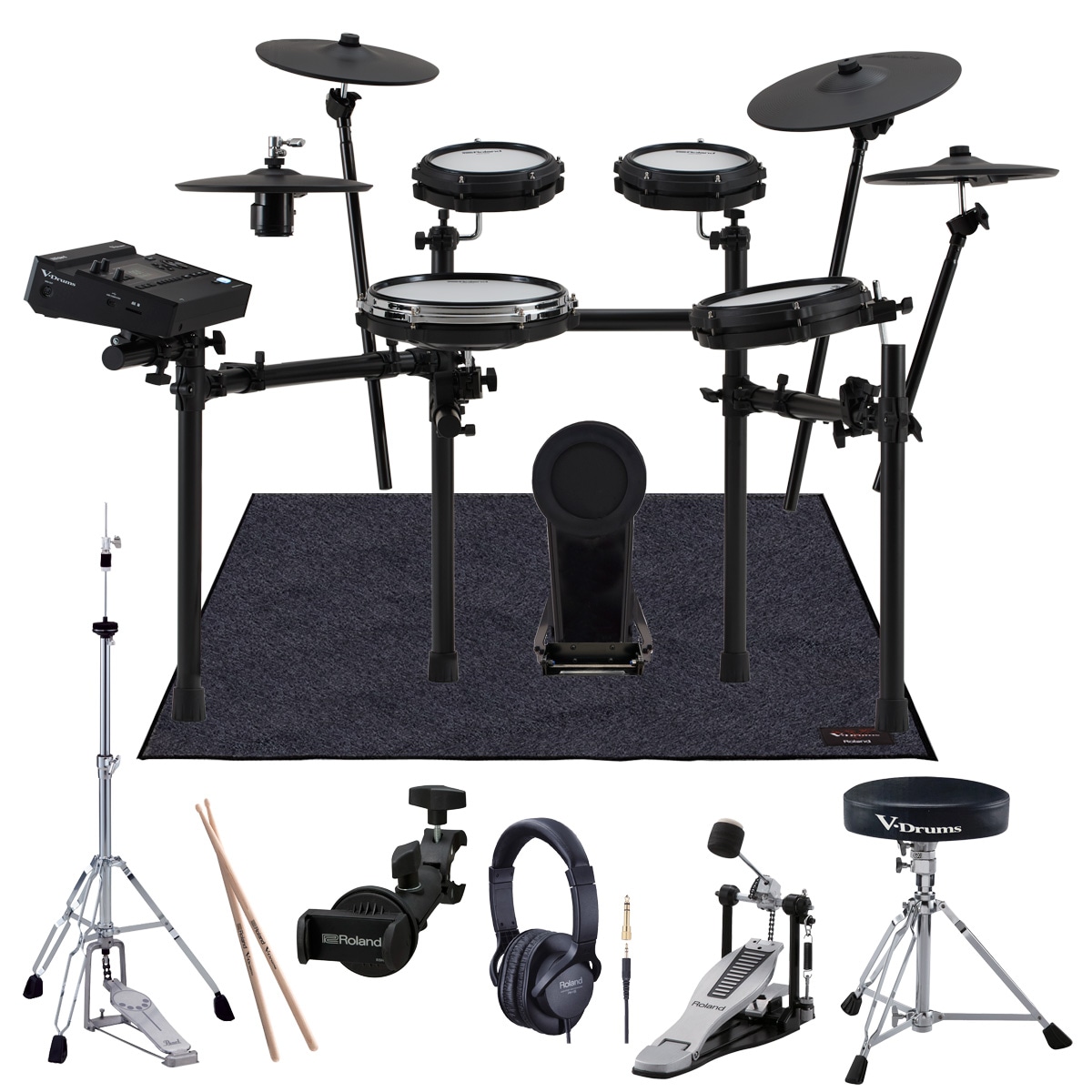 Roland / TD316 VドラムマットTDM-10含む純正フルセット w/PEARLハイハットスタンドH-830 スマホホルダ付き