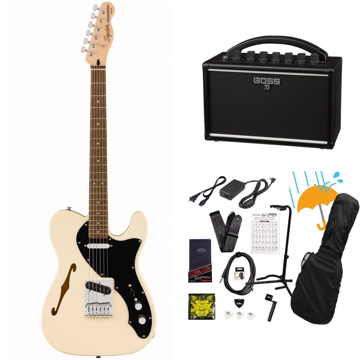 Squier by Fender / Affinity Series Telecaster Thinline Laurel Fingerboard Black PG Olympic White   BOSS KATANA MINI アンプ付き13点セット！