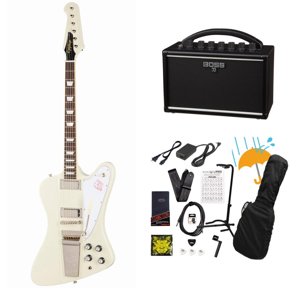 Epiphone / Inspired by Gibson Custom 1963 Firebird V With Maestro Vibrola Reissue Polaris White BOSS KATANA MINI アンプ付き13点セット！