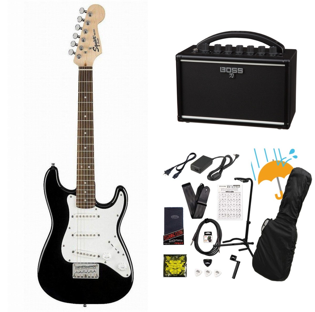 Squier / Mini Strat Laurel FB Black ミニギター   BOSS KATANA MINI アンプ付き13点セット！