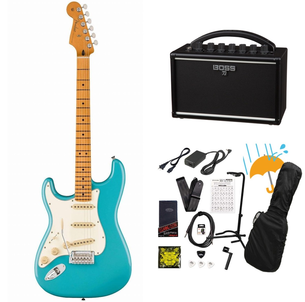 Fender / Player II Stratocaster Left-Handed Maple FB Aquatone Blue  BOSS KATANA MINI アンプ付き13点セット！