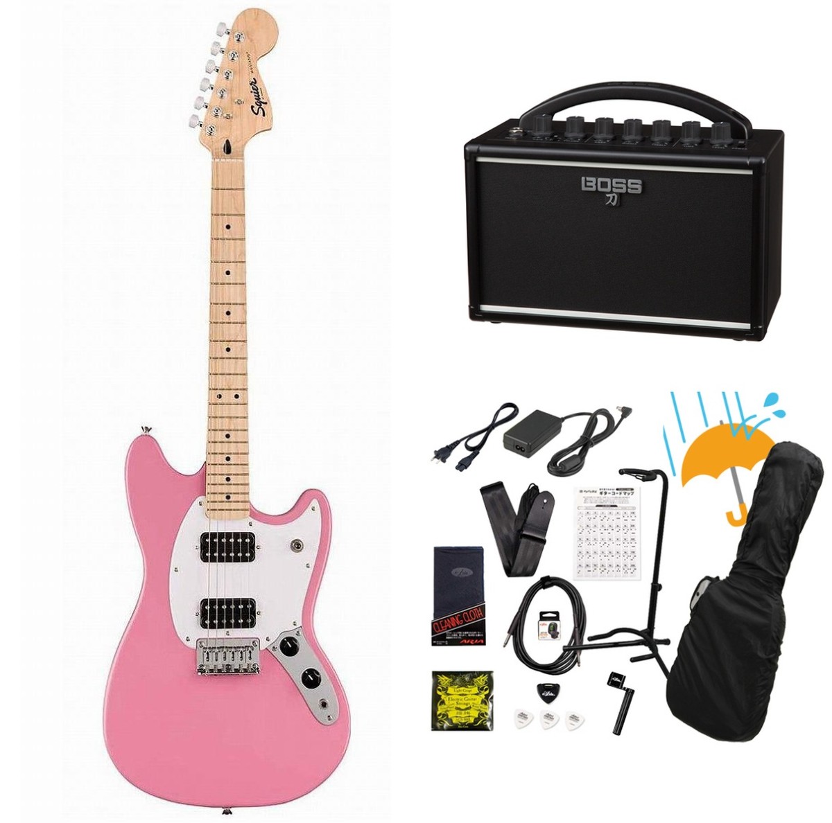 Squier by Fender / Sonic Mustang HH Maple FB WH PG Flash Pink BOSS
