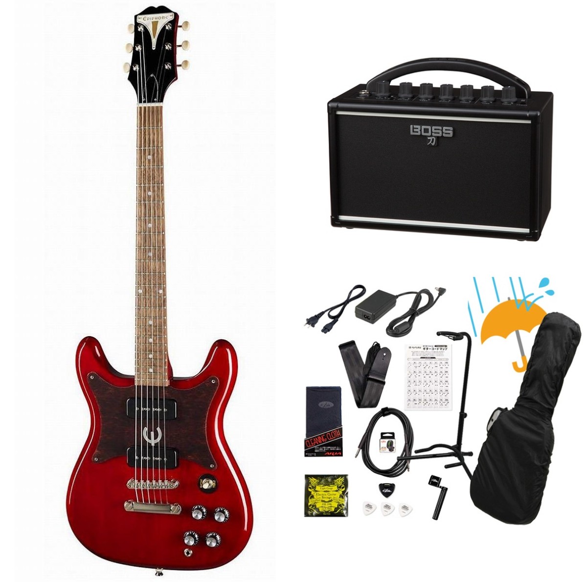【エレキギター】お値下げしました‼️Mavis 新品同様美品 アンプ、ケース付き Epiphone / Wilshire P-90 Cherry (CH) BOSS KATANA MINI アンプ付き13