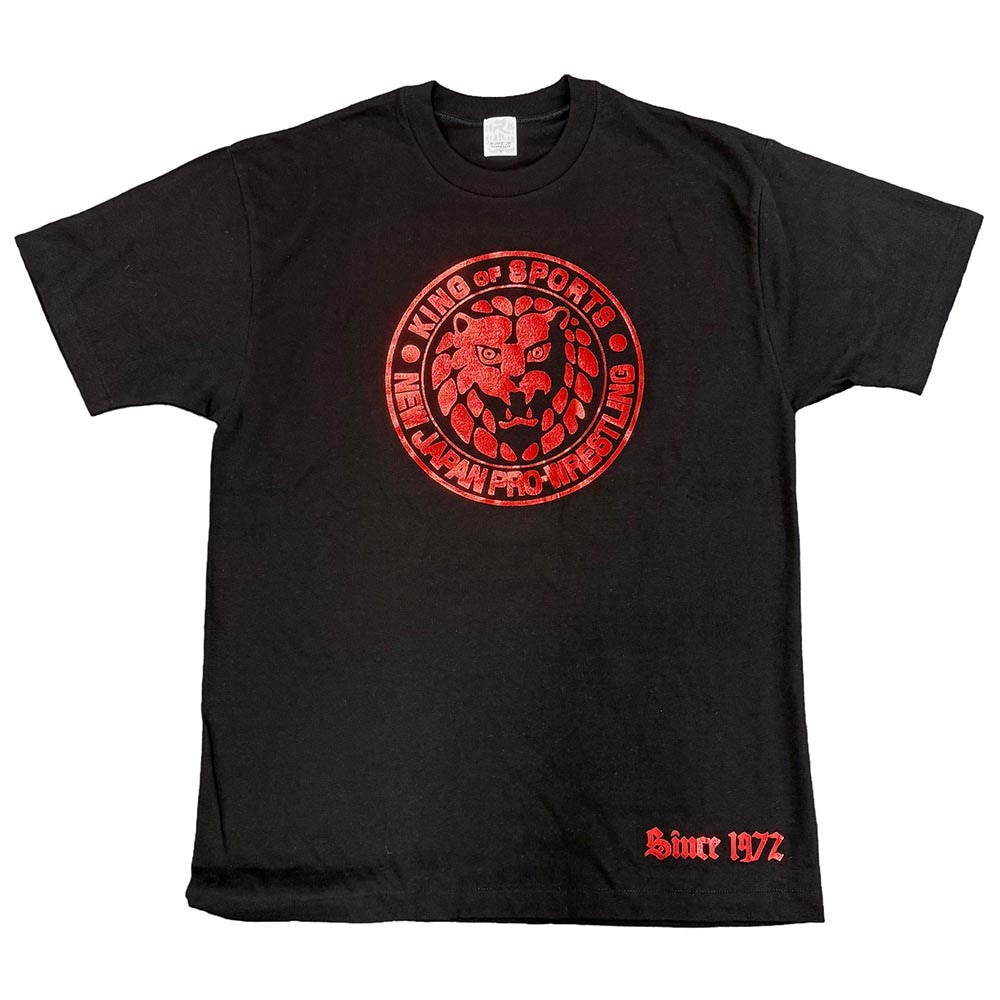 新日本プロレス×久米繊維 ライオンマークTシャツ ブラック×赤箔 XXL