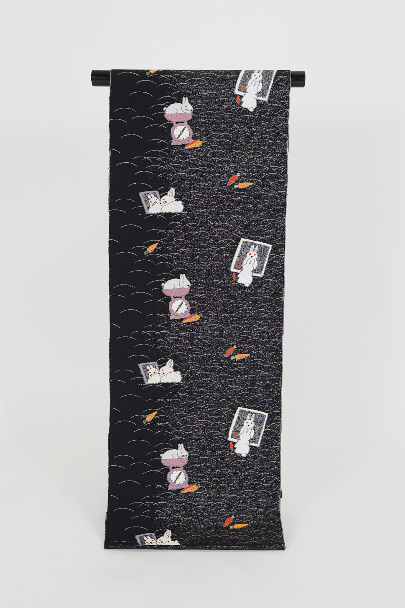 塩瀬　帯　名古屋帯　未使用　手描き　うさぎ　帯締め＋ 帯締め 角朝手描き撚房 ハイチーズ（うさぎ）｜京都の着物和装