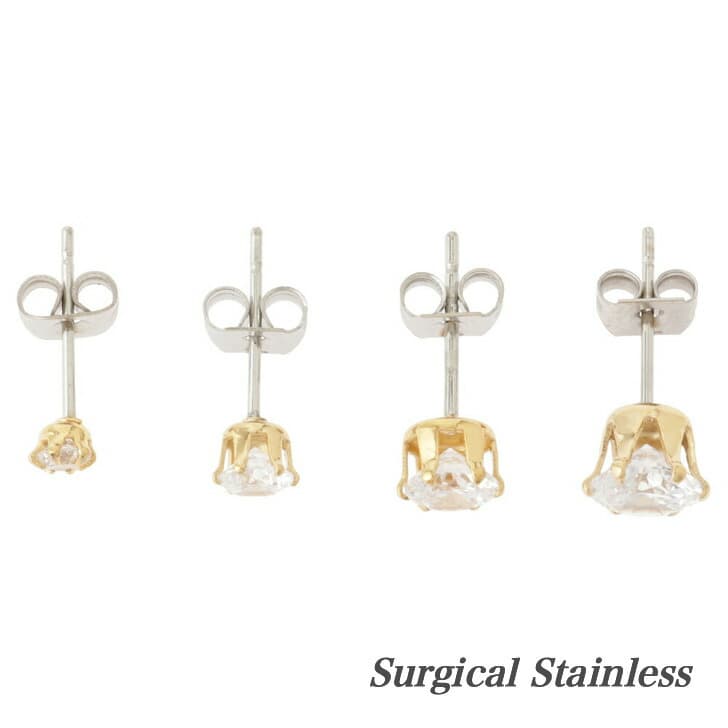 選べるサイズ 両耳セット ステンレスピアス 1粒ピアス ピアス ゴールド 金 ストーン ジルコニア 金属アレルギー対応 シンプル 石 シルバー ピンク イエロー アレルギーフリー 316L プレゼント バレンタイン ホワイトデー メンズ レディース サージカルステンレス 19juuku