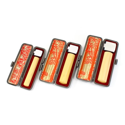 【既製品】柘印鑑什器（印鑑つき） 起業印鑑セット。柘の法人3本キャンペーンセット(丸天丸・丸寸胴・角