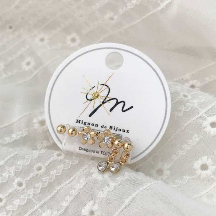 ノンホールセット 6個 3ペア ドロップストーン メタルフラワー