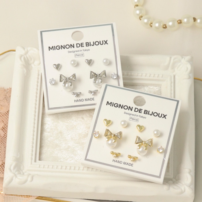 ピアス 10個 5ペア リボン パール ハート | ピアス,セットピアス
