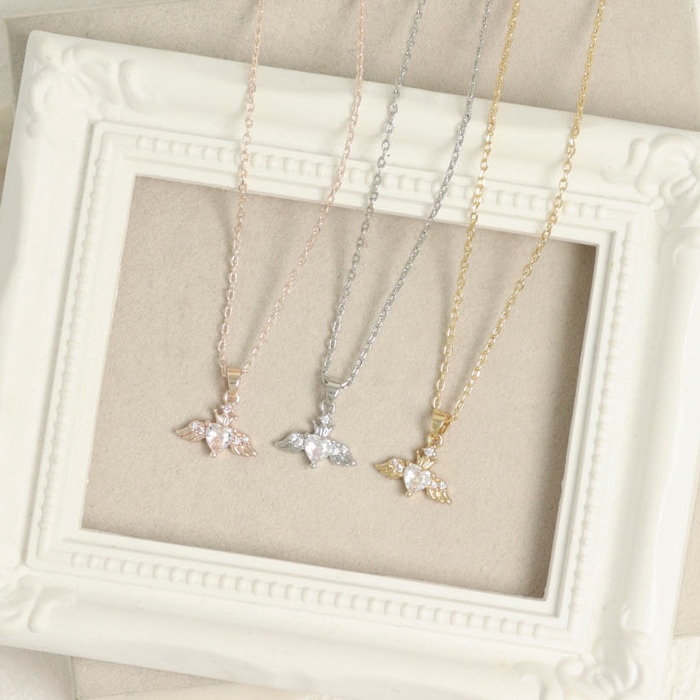 残りわずか】ネックレス ハート 羽 エンジェル キュービック【3color