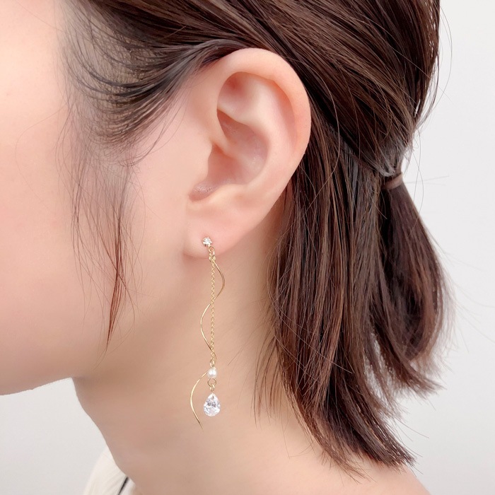 残りわずか】ピアス ウェーブ チェーン ドロップ パール