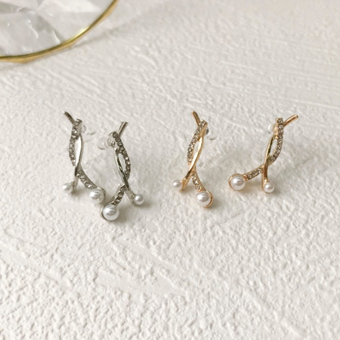 ノンホール クロスメタル ビジュー ツインパール イヤリング ノンホールピアス メタル Mignon De Bijoux Online Shop