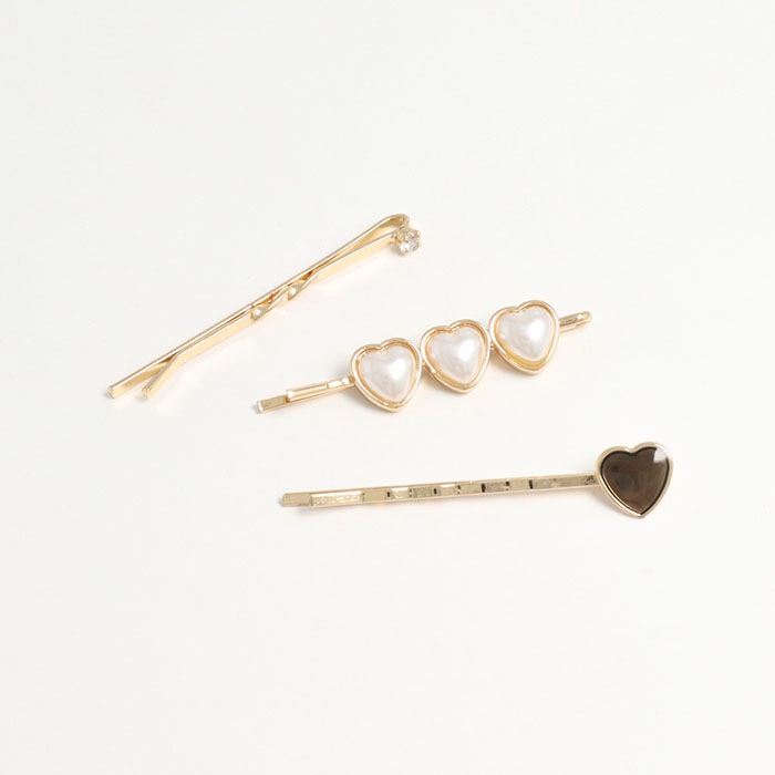 ❤︎ヘアピン❤︎ ヘアピン ハート エポ トリプル パール 3本セット【3color】 | ヘア