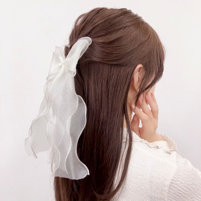 残りわずか】【グレー完売】ヘアゴム シアーリボン シルバーエッジ
