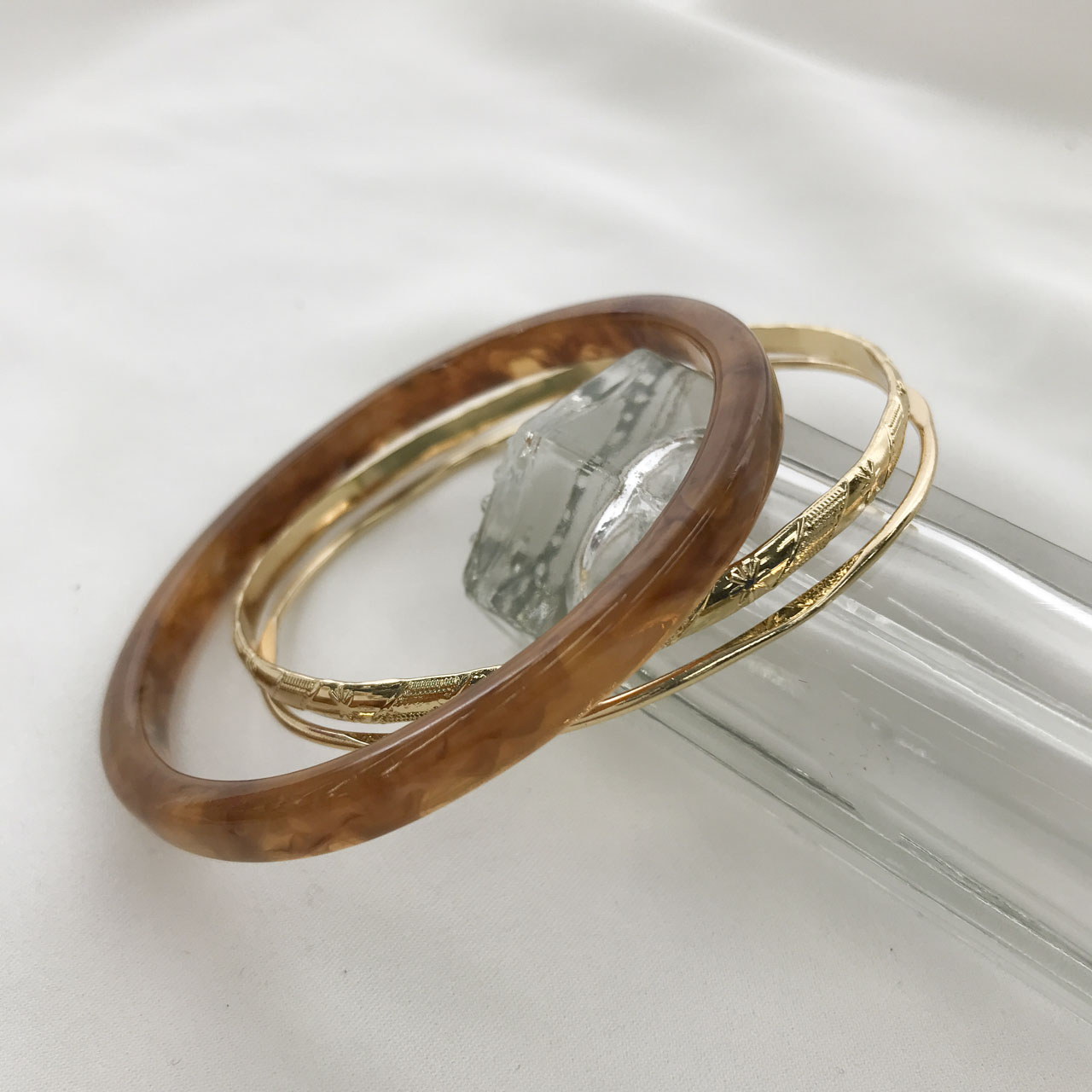 バングル ブレスレット アセチ 天然石風 メタル 3本セット【4color