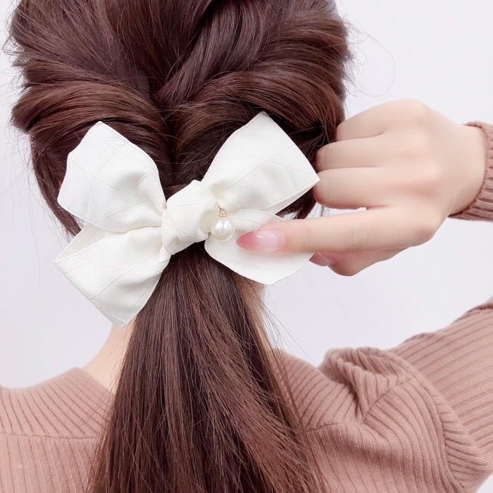 ヘアゴムヘアリボン1549チェックピンクーパールキラキラ