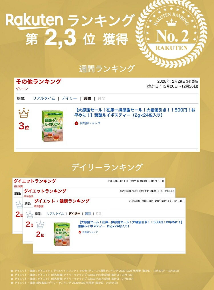 【出荷地が同一商品で複数個ご注文の場合、1個口送料にします】葉酸ルイボスティー（2g×24包入り）