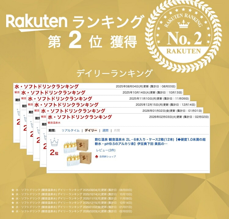 飲む温泉 観音温泉水 2L・6本入り・ケース2箱(12本)【◆硬度1.0未満の超軟水・pH9.5のアルカリ泉