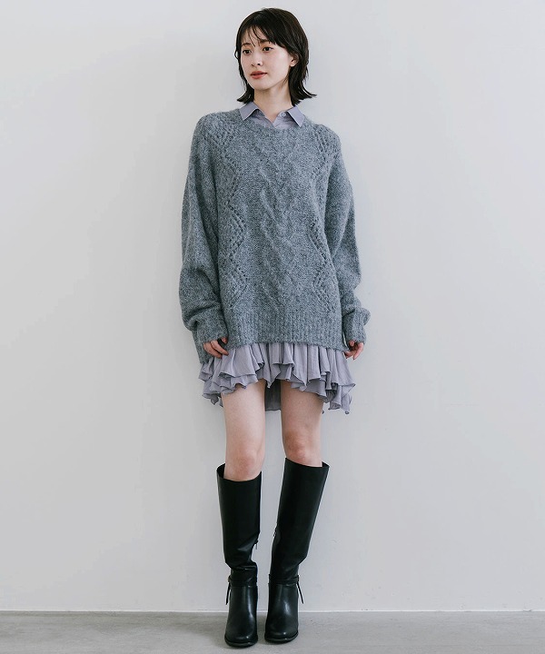 COCODEAL ココディール ケーブルニット×ペプラムシャツミニワンピース