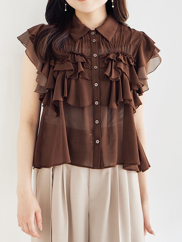 cocodeal シアーフリルシャツ　ブラウン SALE50%OFF】COCODEAL ココディール シアーフリルブラウス