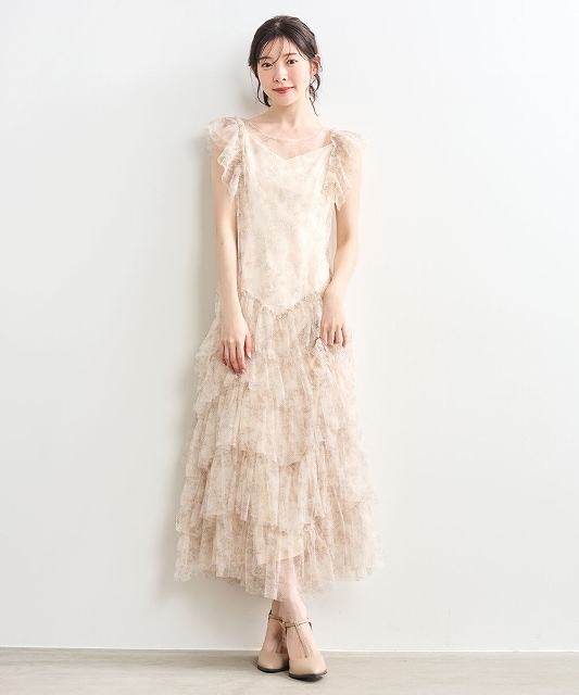 COCODEAL ココディール ラインフラワーチュールフリルワンピース