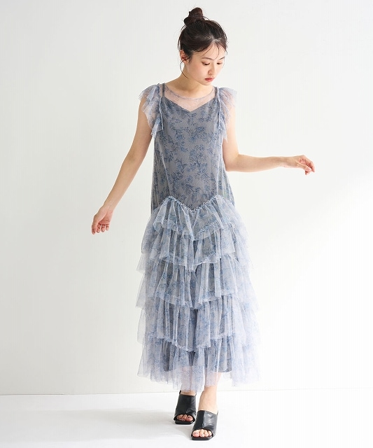 COCODEAL ココディール ラインフラワーチュールフリルワンピース