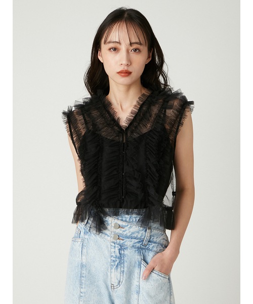 FRAY I.D - FRAY ID購入　黒　リブ使いブラウス　新品未使用タグ付き ラッフルチュールノースリブラウス(ブラウス)｜トップス｜FRAY