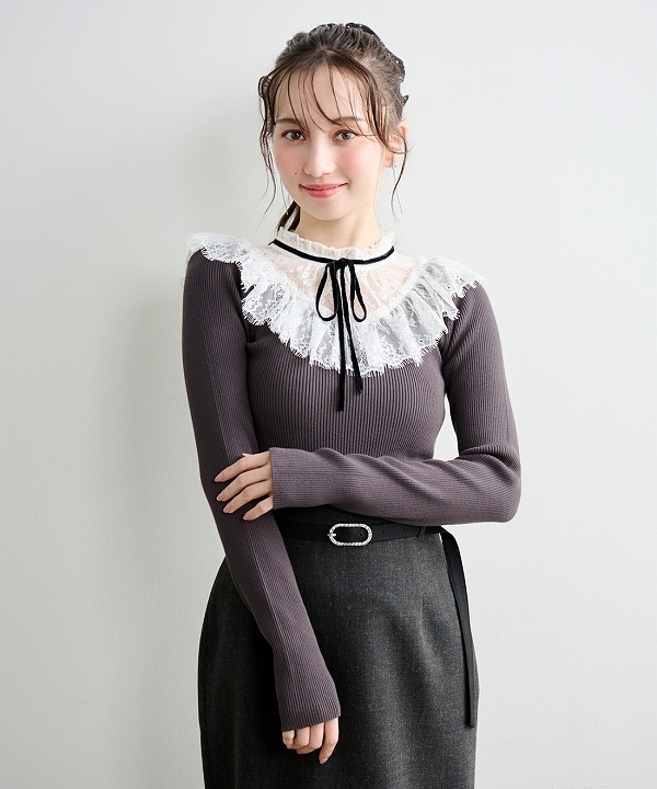 LILLIAN CARAT リリアンカラット レースハイネックドッキングニット
