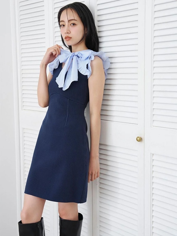 SNIDEL リブニットワンピース 半袖 ネイビー 期間限定15%OFF】SNIDEL スナイデル ノースリボウタイドッキングミニ