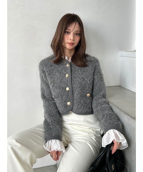 SNIDEL スナイデル ファーライクフリルニットジャケット　　ホワイト セール】ファーライクフリルニットジャケット（ノーカラージャケット