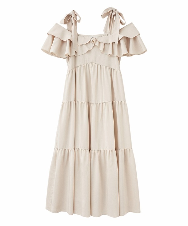 リリアンカラット　新品タグ付き　ショルダーリボンオフショルフリルワンピース SALE40%OFF】LILLIAN CARAT リリアンカラット ショルダーリボン