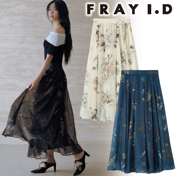 【新品】FRAY I.Dフレイアイディーボタニカルプリントシアータックスカート ボタニカルプリントシアータックスカート(ロングスカート