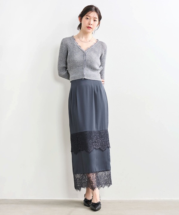 ココディール 新品タグ付 Sサイズ サテンナロースカート グレージュ SOLD OUT】COCODEAL ココディール レーストリムサテンナロースカート