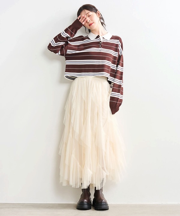 COCODEAL ココディール チュールエスカルゴフリルフレアスカート 再入荷】COCODEAL ココディール チュールエスカルゴフリルフレア