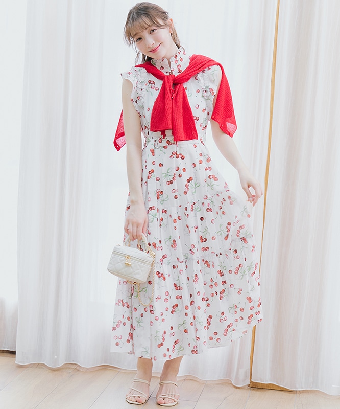 LILLIAN CARAT バリエーションプリントティアードワンピース LILLIAN CARAT チェリー バリエーションプリントティアード