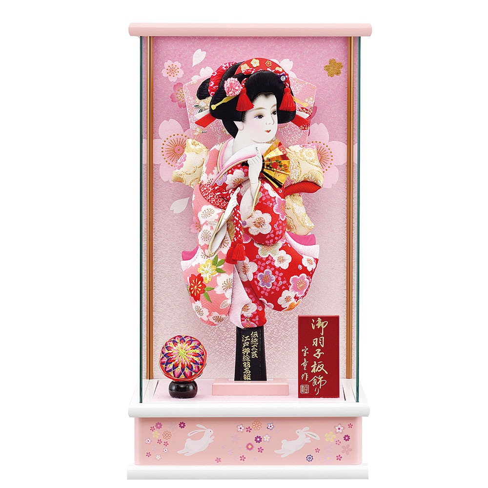 羽子板 単品 お祝い 10号 パノラマ 花うさぎ ピンク ケース飾り ガラス