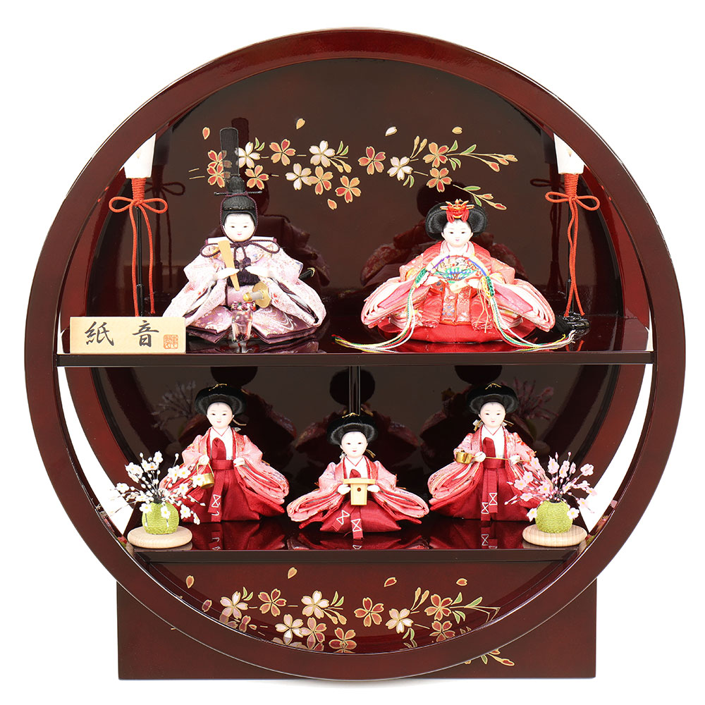 雛人形 お祝い ひな人形 2段 二段 5人飾り 五人飾り ワイン色 蒔絵付