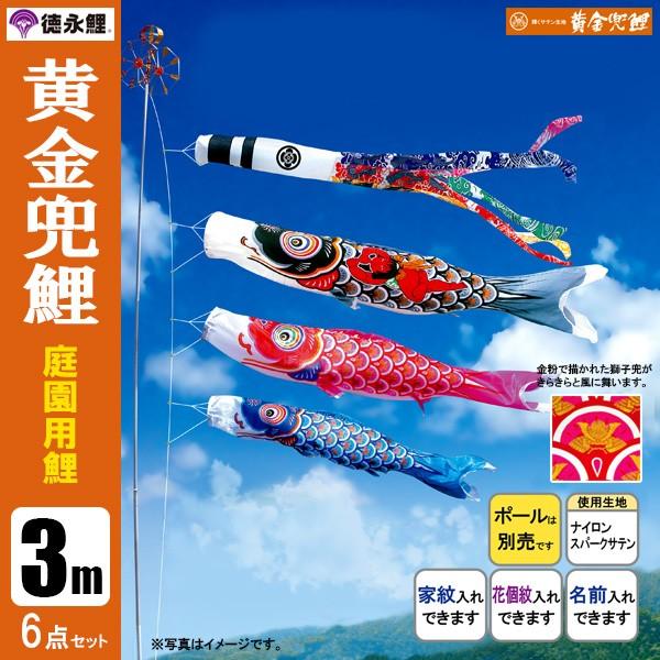 3m】鯉のぼり サテン生地 青鯉 黄金兜鯉