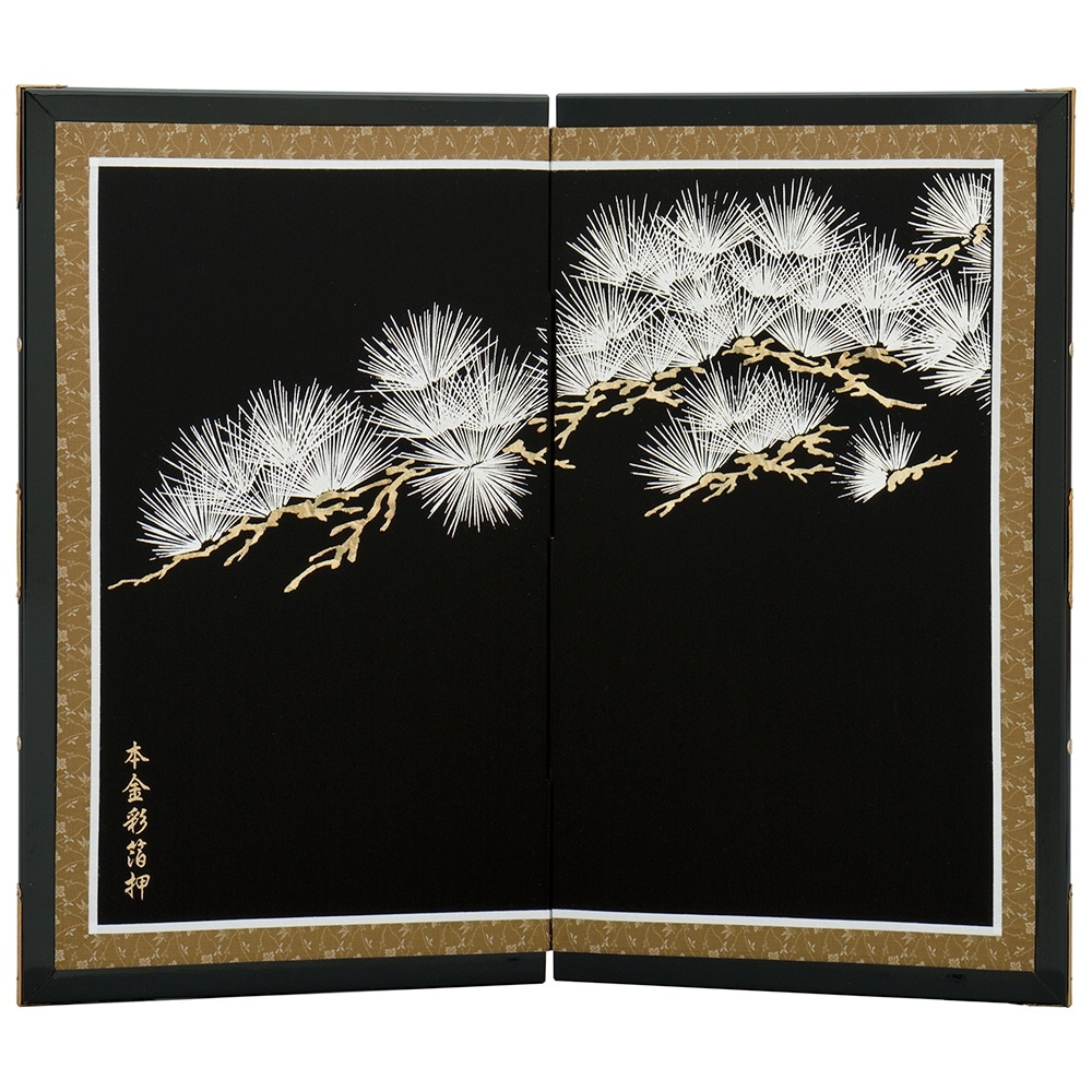 五月人形 コンパクト 屏風 23号 本仕立屏風 黒銀松柄 おしゃれ モダン