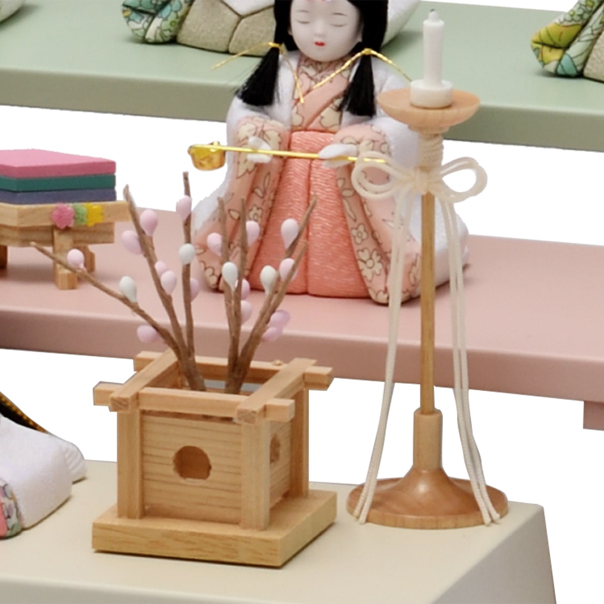 昭和レトロ　雛人形飾り台　引出４段＋開戸 雛人形 コンパクト 彩絵花錦雛 ひな人形 雛祭 親王飾り 薬師窯 陶器