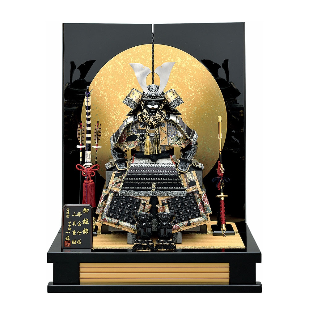 五月人形 伝統的武士の鎧 黒金 五月人形 5月人形 鎧飾り 10号 黒陣王鎧 二曲屏風 黒 金 おしゃれ |