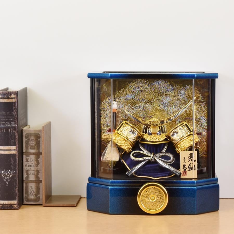 五月人形 久月作 お祝い 兜飾り ケース飾り アクリルケース 5号 青