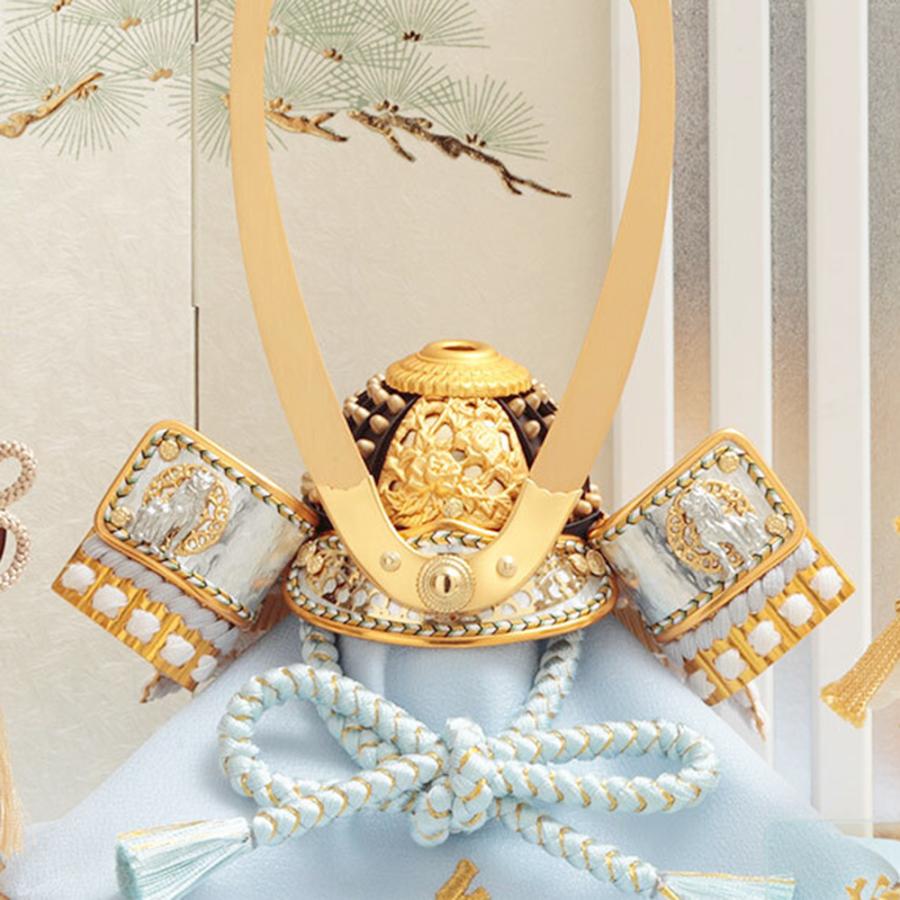 五月人形 久月作 コンパクト お祝い 兜飾り 平飾り 獅狛之兜 正絹 水色