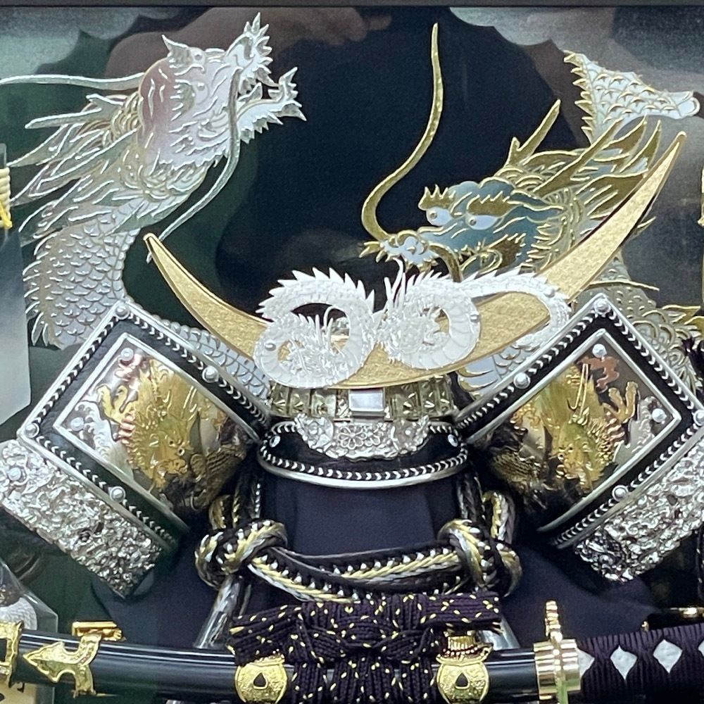 五月人形 コンパクト 12号 ケース飾り ガラスケース 六角 かぶと 金 銀