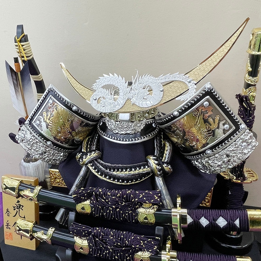 五月人形 コンパクト 12号 ケース飾り ガラスケース 六角 かぶと 金 銀