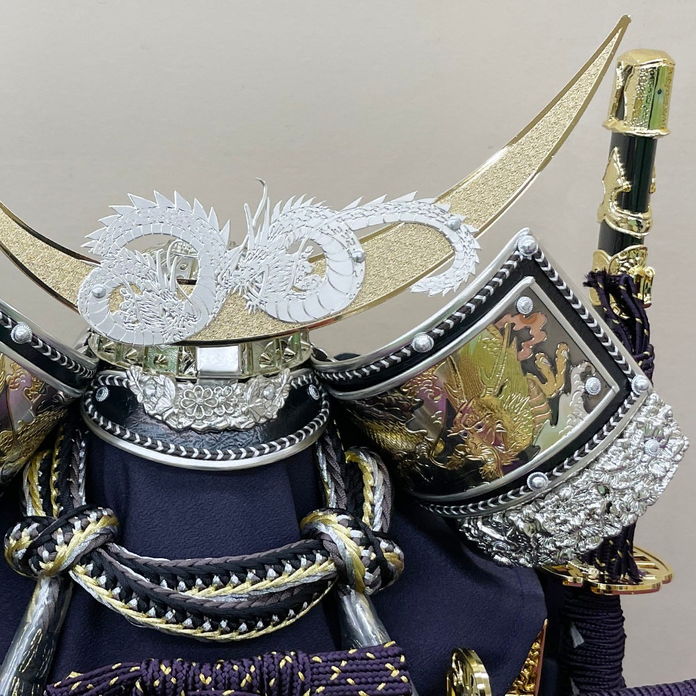 五月人形 コンパクト 12号 ケース飾り ガラスケース 六角 かぶと 金 銀